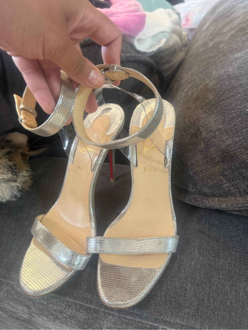 Christian Louboutin Silver Metallic Ankle-Strap Stiletto Sandals